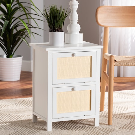 Baxton Studio Sariah Mid-Century White Finished Wood and Rattan 2-Door Nightstand 199-12330-ZORO